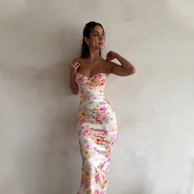 Women's Summer Fashion Print Slim Sexy Low Back Strap Dress