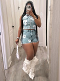 Women's Flower Printed Sleeveless Two Piece Denim Shorts Set