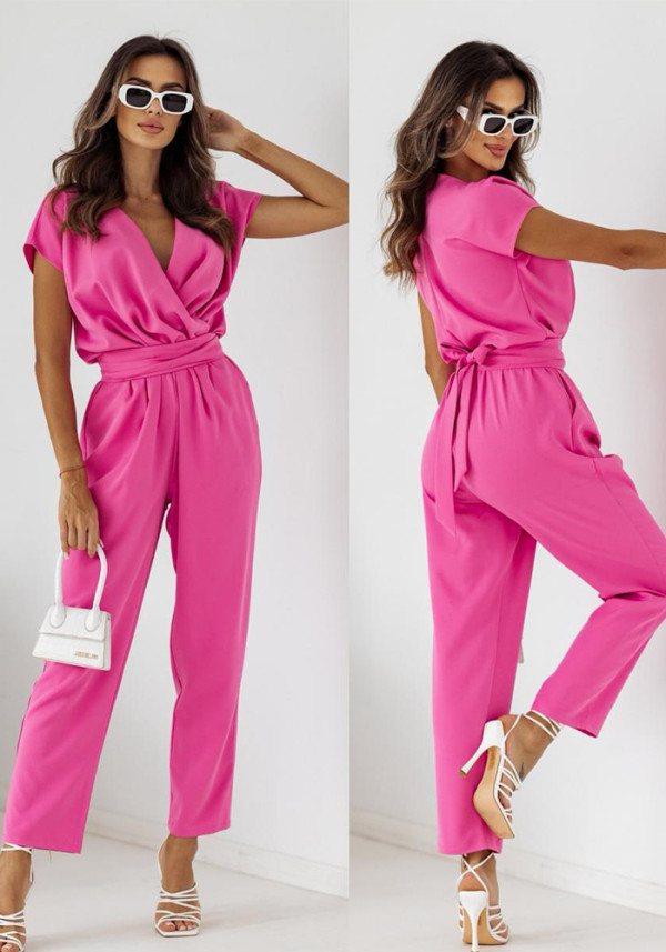 Summer Fashion Solid Color Slim Fit Short Sleeve Jumpsuit