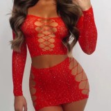 Women's Beaded Shiny Sexy Lingerie Off Shoulder Hollow Two Piece Skirt Set Net Clothes