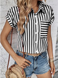 Summer V-Neck Pocket Striped Printed Shirt