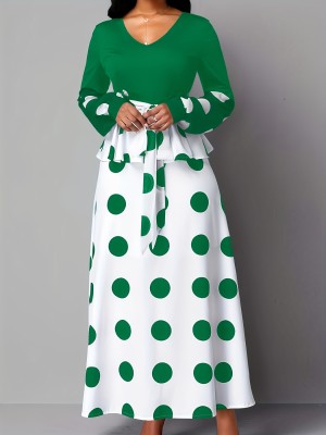 Women's Fashion Casual Mesh Patchwork High Waist Polka Dot Print Long Dress