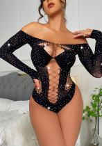 Women's Beaded Shiny Sexy Lingerie Long Sleeve Net Bodysuit