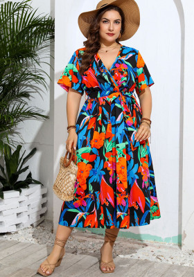 Plus Size V-Neck Printed Dress Beach Holidays Beach Loose Long Dress