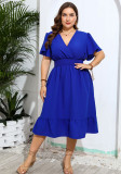 Summer Chic Slim Waist V Neck Solid Color Plus Size Dress