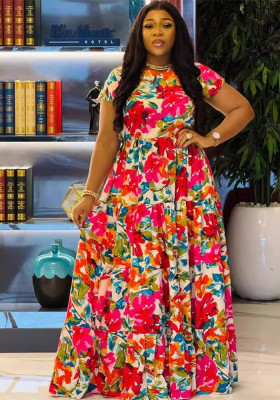 Sexy Printed Slim Waist Patchwork Short Sleeve Maxi Long Dress