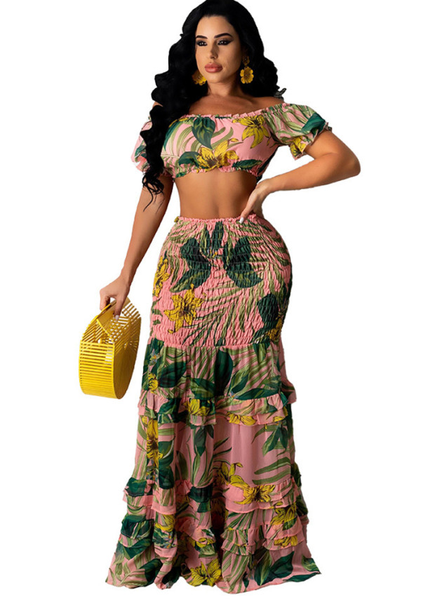 Printed Short Sleeve Sexy Slim Fit Women's Casual Two Piece Skirt Set