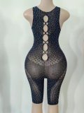 Beaded Sexy Lingerie Shiny Hollow See Through Mesh Tight Jumpsuit Net Clothing