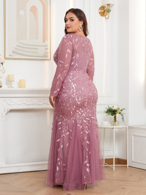 Plus Size Women Long Sleeve Round Neck Zipper Fishtail Embroidery Evening Dress