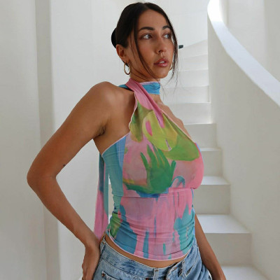 Women Summer Print Backless Streamers Strapless Top