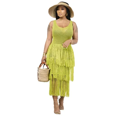 Women Casual Round Neck Sleeveless knitting Mesh Tassel See-Through Dress