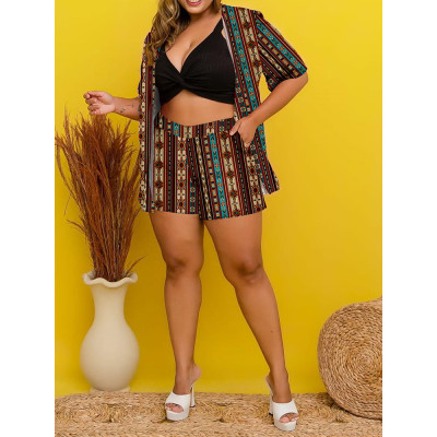 Plus Size Women Summer Ethnic Print Casual Short Sleeve Top and Shorts Two-piece Set