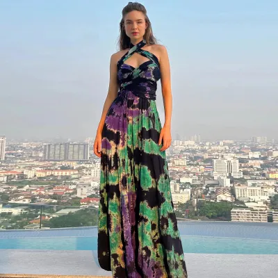 Women Summer Sleeveless Tie-Dye Halter Neck Casual Dress