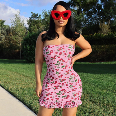 Women Summer Printed Sexy Lace Strapless Dress