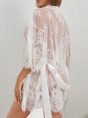 Sexy White See Through Lace Night Robe Gown