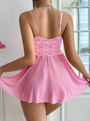 Sexy Pink Strap V-Neck Lace Mesh Nightdress