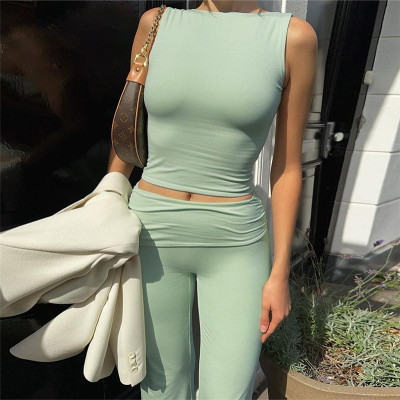 Summer Low Back Tight Fitting Sleeveless Tank Top High Waist Solid Color Bell Bottom Pants Two Piece Set