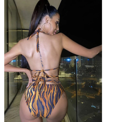 Sexy Hollow Halter Neck Tiger Print Lace-Up One-Piece Swimsuit