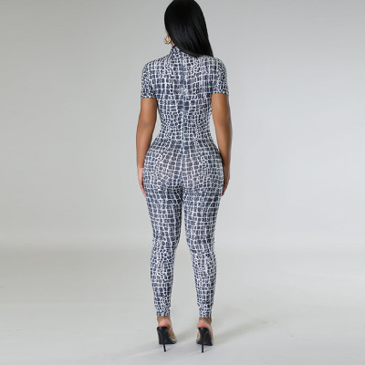 Fashion Print Tight Fitting Sexy Women's Short Sleeve Jumpsuit