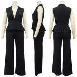 Fashion Women's Solid Color Turndown Collar Sleeveless Casual Two Piece Suit