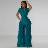 Women's Solid Color Short Sleeve Ruffled Wide Leg Jumpsuit