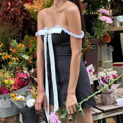 Summer Sexy Bow Lace Off Shoulder Strap Mini Women's Dress