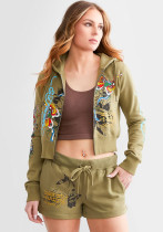 Women's Printed Fashion Casual Trendy Zip Hoodies Shorts Two Piece Set