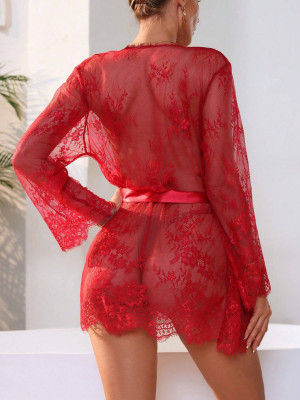 Sexy Red See Through Lace Night Robe Gown
