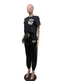 Women Casual Colorblock Pocket Short Sleeve Top and Pants Two-piece Set