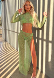 Women Summer Style Solid Round Neck Mesh Hollow See-Through Slit Maxi Dress