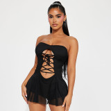 Women Hollow Strapless Mini Dress