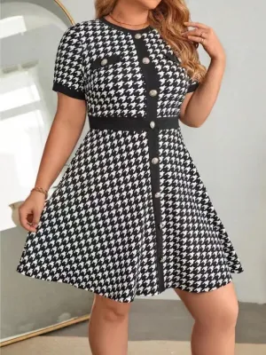 Plus Size Women Houndstooth Print Button Short Sleeve Round Neck Dress