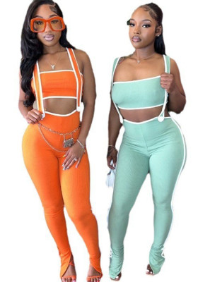 Women Stretch Ribbed Sexy Chest-Wrapped Top Overalls Two-piece Set