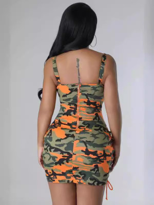 Women suspender strap camouflage dress