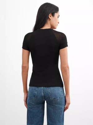 Women Casual Solid Mesh Patchwork Short Sleeve T-Shirt