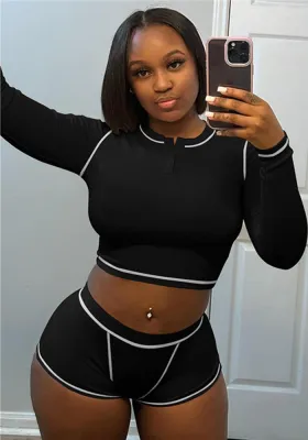 Summer Women's Single Breasted Crop Long Sleeve Top High Waist Shorts Two Piece Set