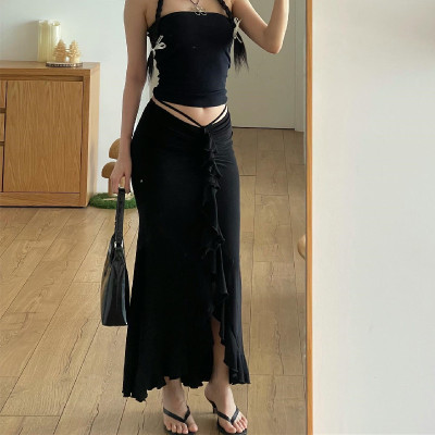 Fashionable Slim Women's Lace-Up Sexy Ruffled Low-Waist Elegant Long Skirt