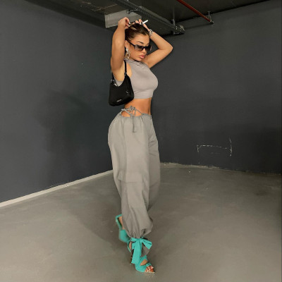 Summer High-Waisted Hollow Drawstring Solid Color Leggings Cargo Pants