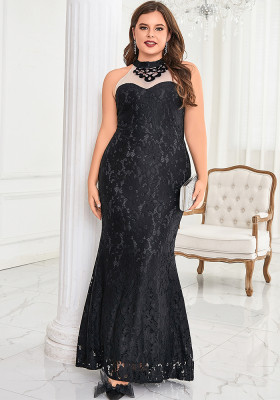 Plus Size Women Round Neck Sleeveless Elegant Formal Party Evening Dress