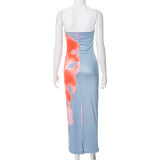 Women Summer Strapless Floral Print Slit Maxi Dress