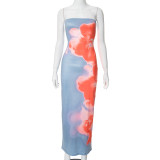 Women Summer Strapless Floral Print Slit Maxi Dress