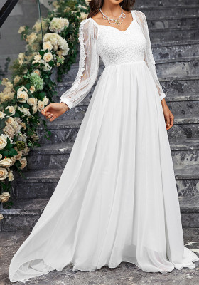 Solid Color Elegant V-Neck Slim Long-Sleeved Wedding Dress Tail Formal Party Gown