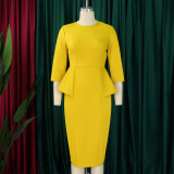Summer Women's Solid Color Round Neck OL Professional Peplum Dress