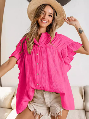 Summer Women's Fashion Stand Collar Ruffle Sleeve Casual Top