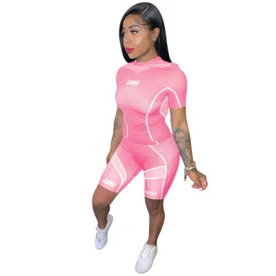 Women's Print Sports Short Sleeve Two Piece Shorts Set