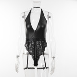 Women Lace pu Leather Patchwork See-Through Suspender Bodysuit Sexy Lingerie