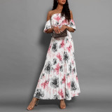 Women Sexy Off Shoulder Pleated Print Summer Print Long Dress