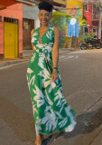 Women Summer Print Lace-Up Maxi Dress
