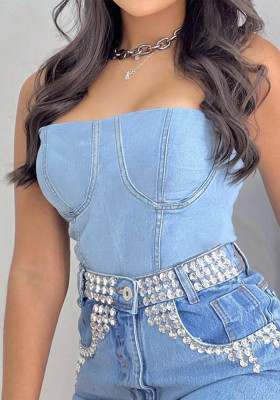 Women Denim Strapless Zipper Sexy Tank Top Top