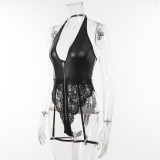 Women Lace pu Leather Patchwork See-Through Suspender Bodysuit Sexy Lingerie